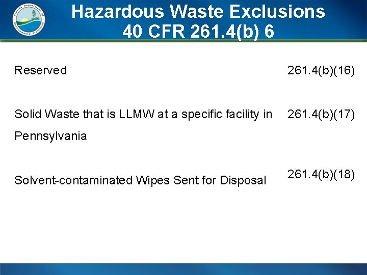 Hazardous Waste Exclusions 40 CFR 261. 4(b) 6 Reserved 261. 4(b)(16) Solid Waste that