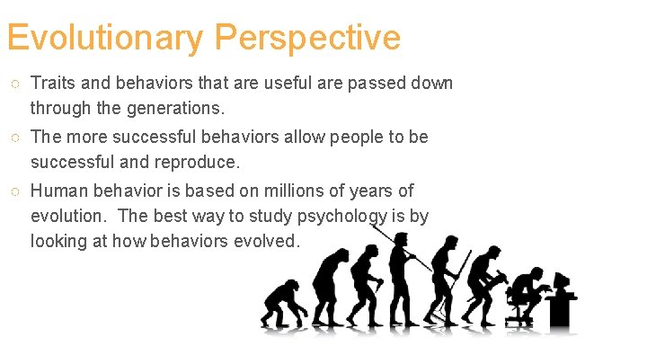 Evolutionary Perspective ○ Traits and behaviors that are useful are passed down through the