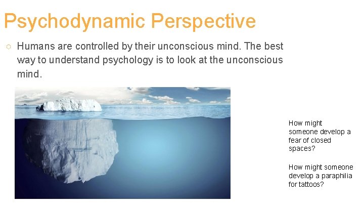 Psychodynamic Perspective ○ Humans are controlled by their unconscious mind. The best way to