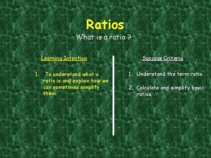 Ratios What is a ratio ? Learning Intention 1. To understand what a ratio