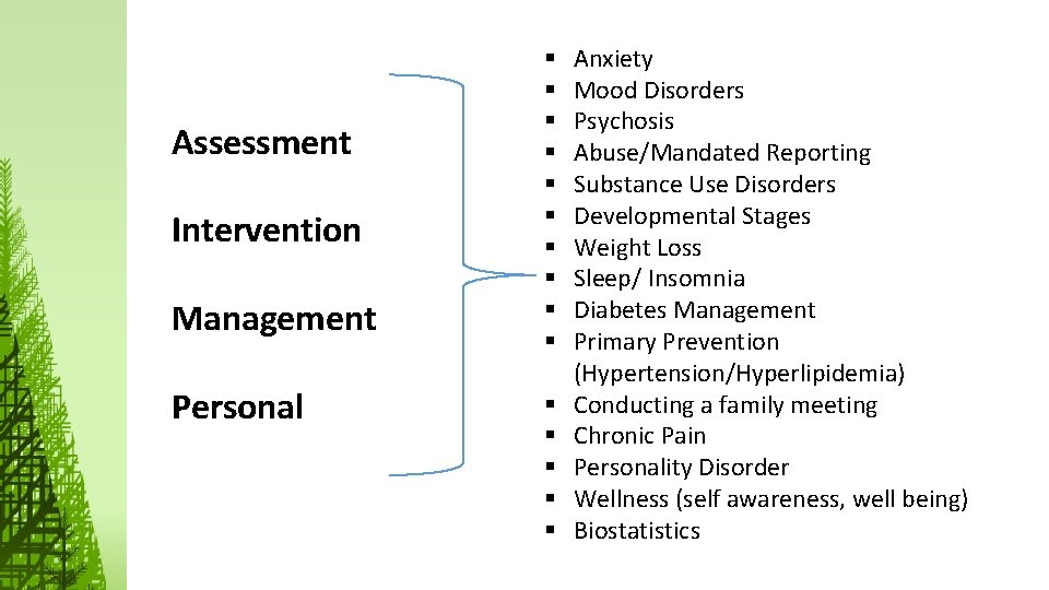 Assessment Intervention Management Personal § § § § Anxiety Mood Disorders Psychosis Abuse/Mandated Reporting