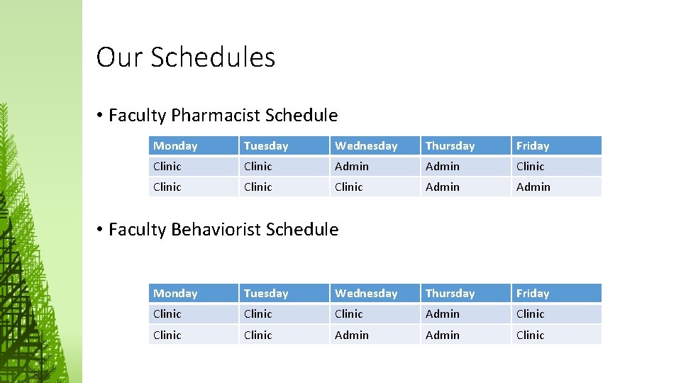Our Schedules • Faculty Pharmacist Schedule Monday Tuesday Wednesday Thursday Friday Clinic Admin Clinic