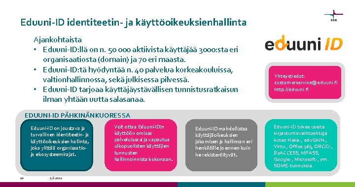 Eduuni-ID identiteetin- ja käyttöoikeuksienhallinta Ajankohtaista • Eduuni-ID: llä on n. 50 000 aktiivista käyttäjää