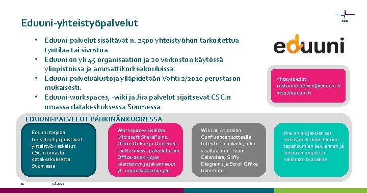 Eduuni-yhteistyöpalvelut • Eduuni-palvelut sisältävät n. 2500 yhteistyöhön tarkoitettua työtilaa tai sivustoa. • Eduuni on