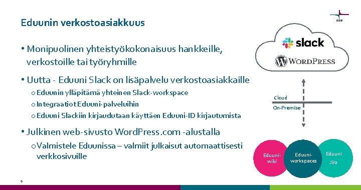 Eduunin verkostoasiakkuus • Monipuolinen yhteistyökokonaisuus hankkeille, verkostoille tai työryhmille • Uutta - Eduuni Slack