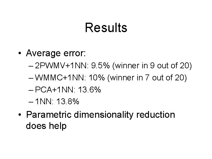 Results • Average error: – 2 PWMV+1 NN: 9. 5% (winner in 9 out