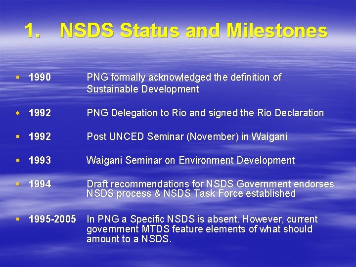 1. NSDS Status and Milestones § 1990 PNG formally acknowledged the definition of Sustainable