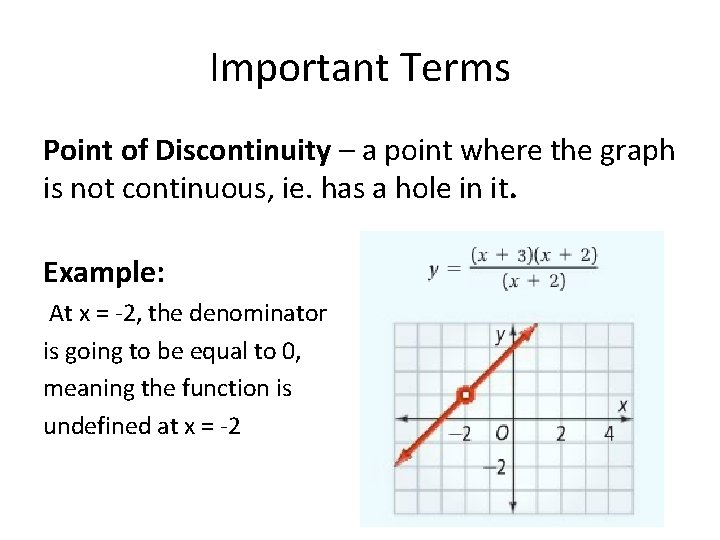 Important Terms Point of Discontinuity – a point where the graph is not continuous,