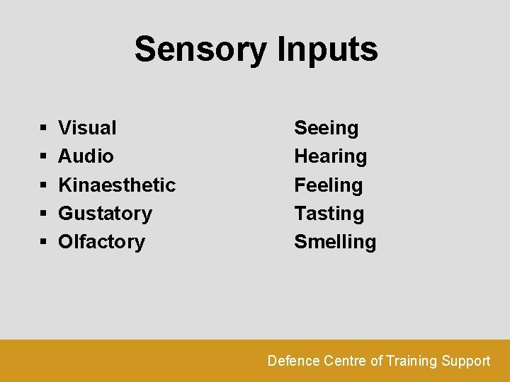 Sensory Inputs § § § Visual Audio Kinaesthetic Gustatory Olfactory Seeing Hearing Feeling Tasting