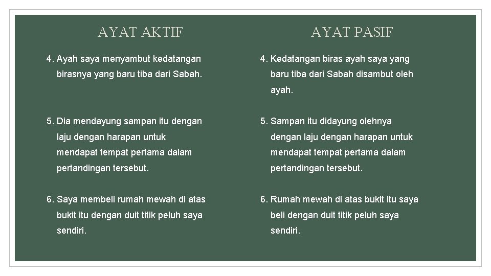 AYAT AKTIF 4. Ayah saya menyambut kedatangan birasnya yang baru tiba dari Sabah. AYAT