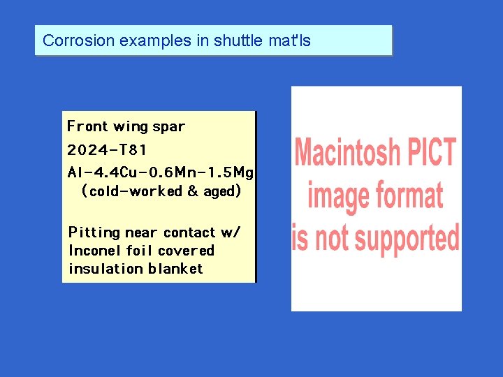 Corrosion examples in shuttle mat'ls 