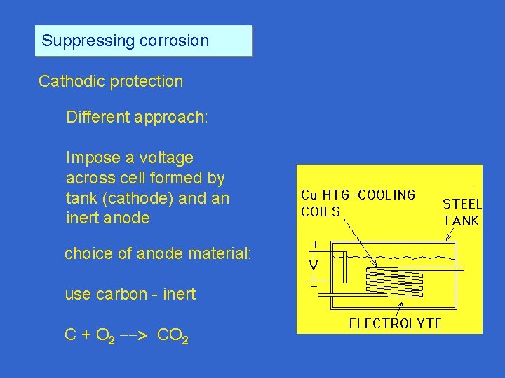 Suppressing corrosion Cathodic protection Different approach: Impose a voltage across cell formed by tank