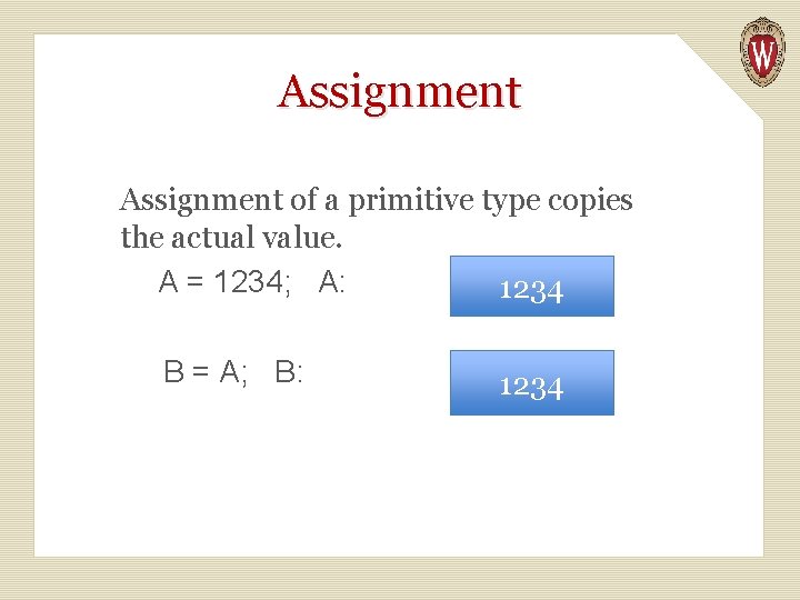 Assignment of a primitive type copies the actual value. A = 1234; A: 1234