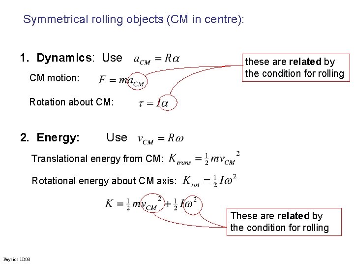 Symmetrical rolling objects (CM in centre): 1. Dynamics: Use CM motion: these are related