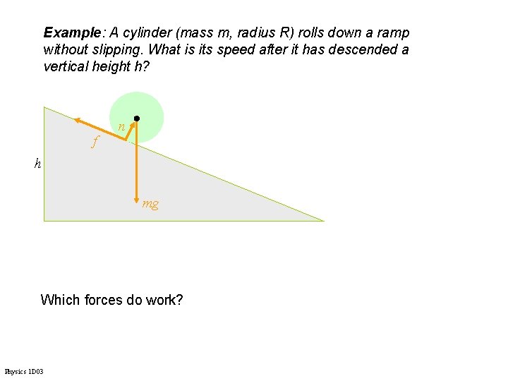 Example: A cylinder (mass m, radius R) rolls down a ramp without slipping. What