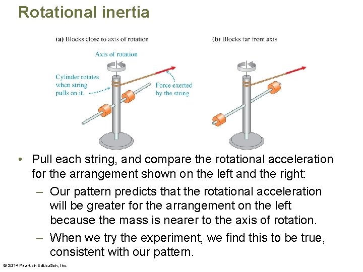 Rotational inertia • Pull each string, and compare the rotational acceleration for the arrangement