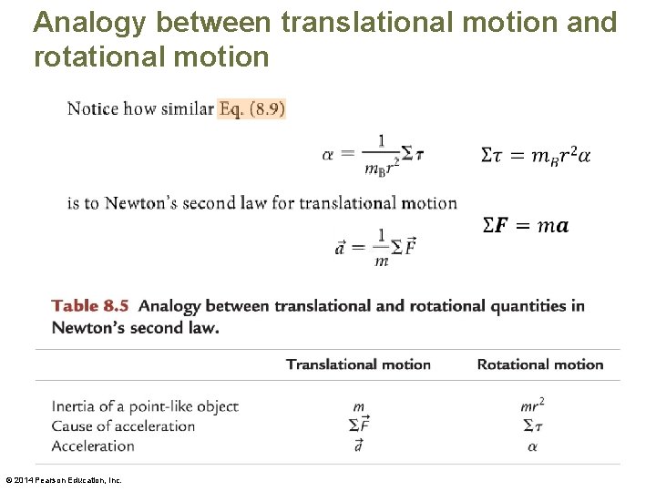 Analogy between translational motion and rotational motion © 2014 Pearson Education, Inc. 