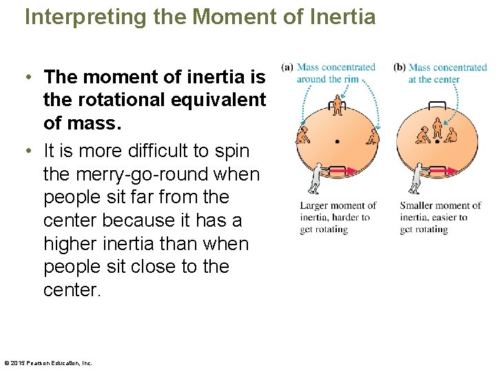 Interpreting the Moment of Inertia • The moment of inertia is the rotational equivalent