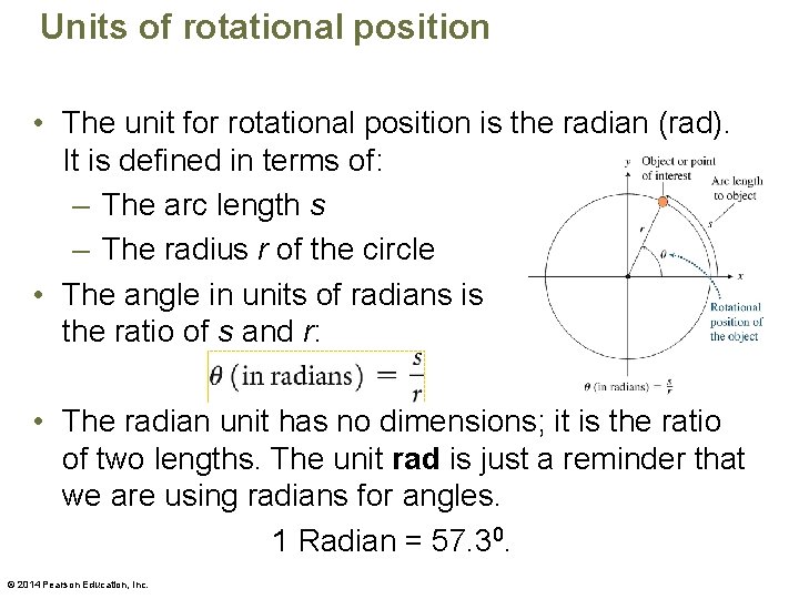 Units of rotational position • The unit for rotational position is the radian (rad).