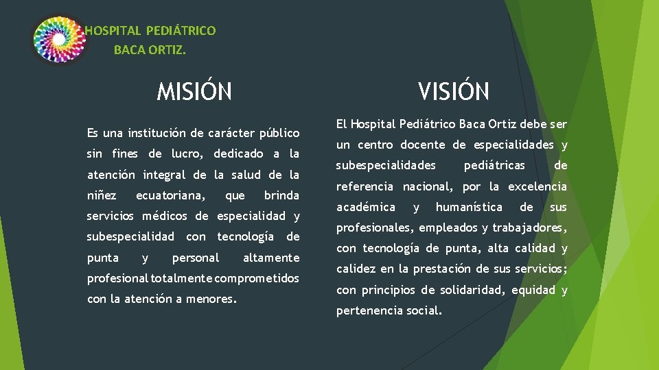 HOSPITAL PEDIÁTRICO BACA ORTIZ. VISIÓN MISIÓN Es una institución de carácter público sin fines