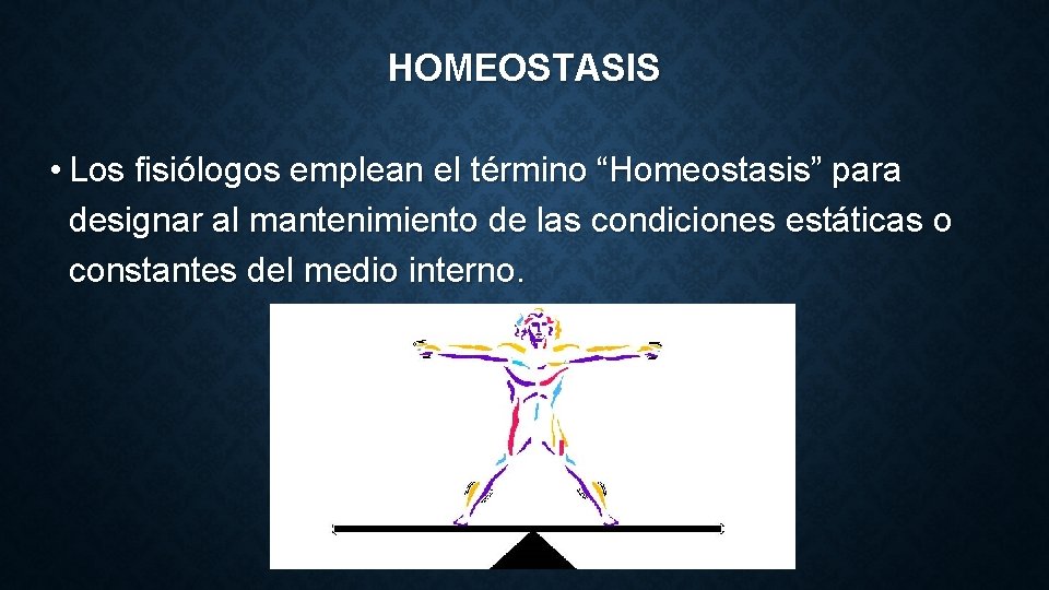 HOMEOSTASIS • Los fisiólogos emplean el término “Homeostasis” para designar al mantenimiento de las