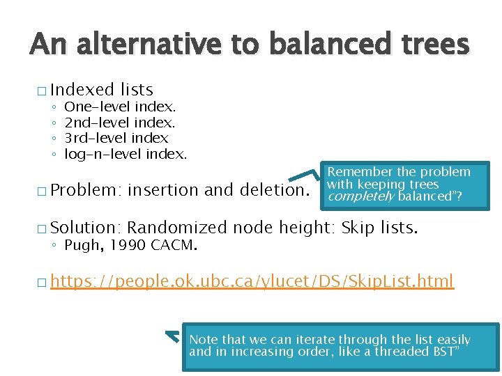 An alternative to balanced trees � Indexed ◦ ◦ lists One-level index. 2 nd-level