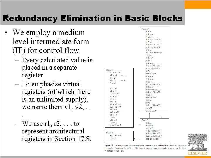 Redundancy Elimination in Basic Blocks • We employ a medium level intermediate form (IF)