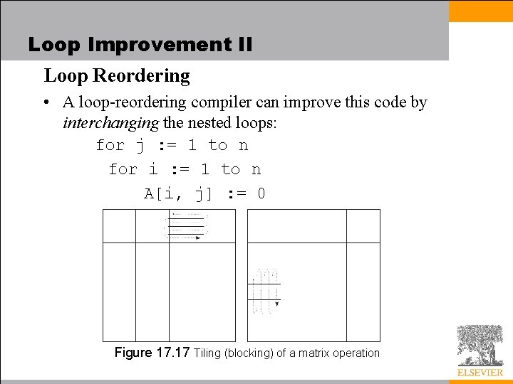 Loop Improvement II Loop Reordering • A loop-reordering compiler can improve this code by