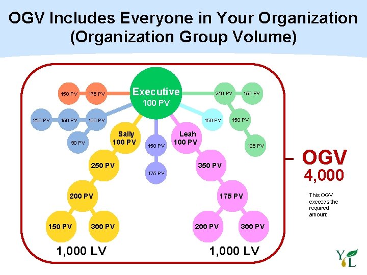 OGV Includes Everyone in Your Organization (Organization Group Volume) 150 PV Executive 175 PV