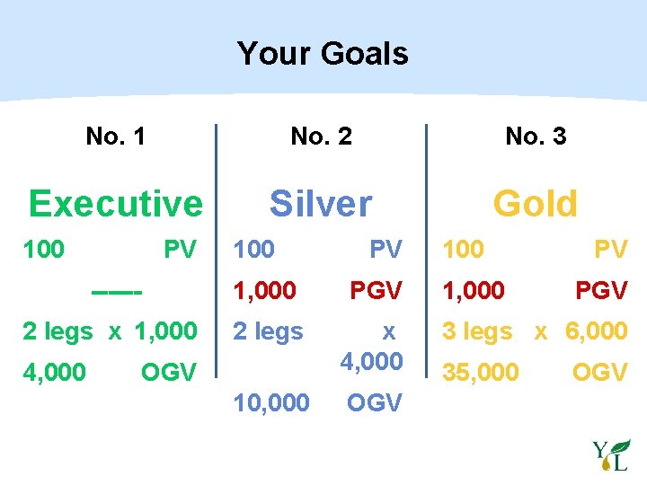 Your Goals No. 1 No. 2 No. 3 Executive Silver Gold 100 PV ------