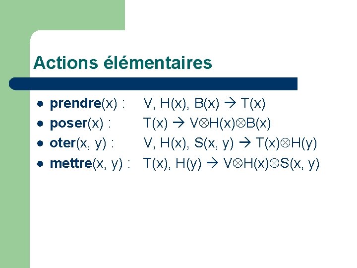 Actions élémentaires l l prendre(x) : poser(x) : oter(x, y) : mettre(x, y) :