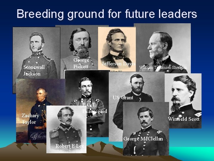 Breeding ground for future leaders Stonewall Jackson George Pickett Jefferson Davis William Tecumseh Sherman