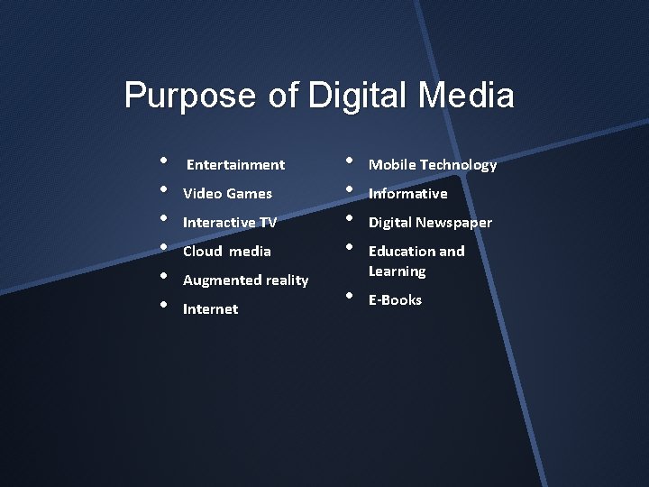 Purpose of Digital Media • • • Entertainment Video Games Interactive TV Cloud media