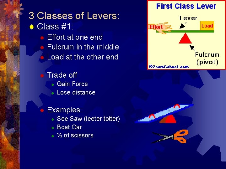 3 Classes of Levers: ® Class #1: ® Effort at one end ® Fulcrum