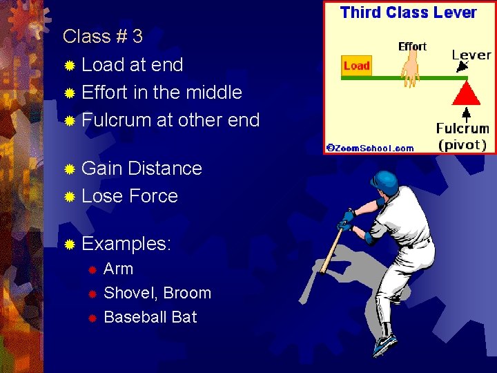 Class # 3 ® Load at end ® Effort in the middle ® Fulcrum