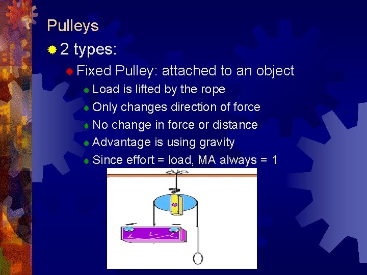 Pulleys ® 2 types: ® Fixed Pulley: attached to an object Load is lifted