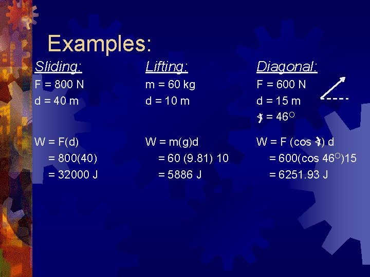 Examples: Sliding: Lifting: Diagonal: F = 800 N d = 40 m m =