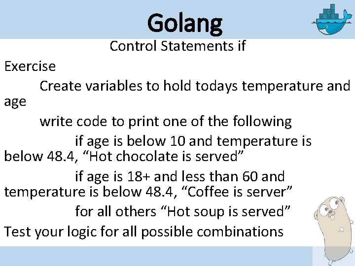 Golang Control Statements if Exercise Create variables to hold todays temperature and age write