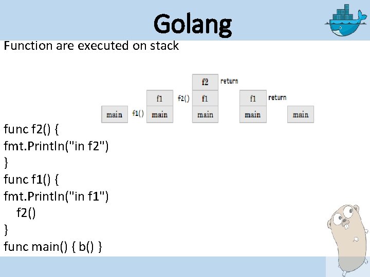 Golang Function are executed on stack func f 2() { fmt. Println("in f 2")