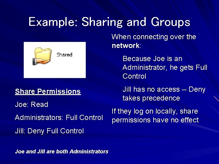Example: Sharing and Groups When connecting over the network: Because Joe is an Administrator,