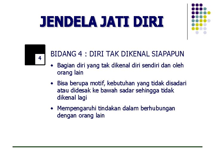 4 BIDANG 4 : DIRI TAK DIKENAL SIAPAPUN • Bagian diri yang tak dikenal