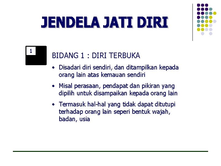 1 BIDANG 1 : DIRI TERBUKA • Disadari diri sendiri, dan ditampilkan kepada orang