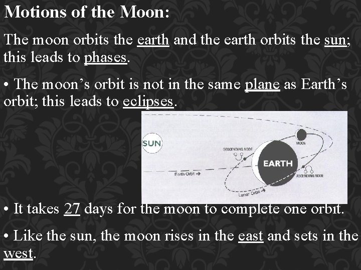 Motions of the Moon: The moon orbits the earth and the earth orbits the