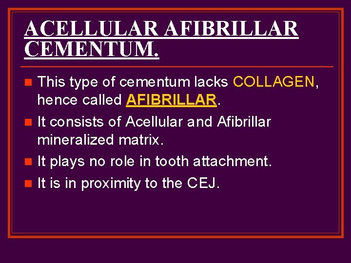 ACELLULAR AFIBRILLAR CEMENTUM. This type of cementum lacks COLLAGEN, hence called AFIBRILLAR. n It