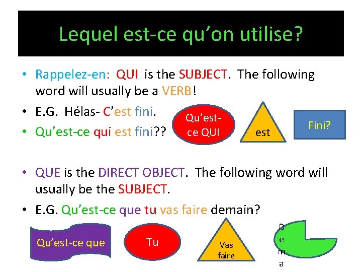 Lequel est-ce qu’on utilise? • Rappelez-en: QUI is the SUBJECT. The following word will