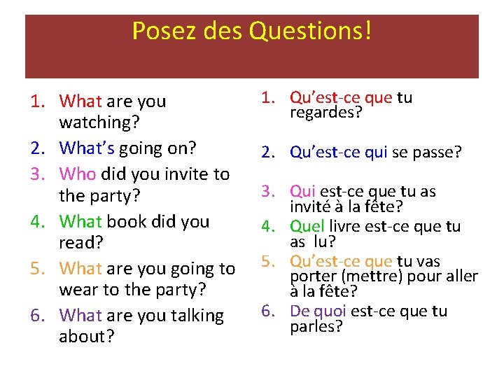 Posez des Questions! 1. What are you watching? 2. What’s going on? 3. Who