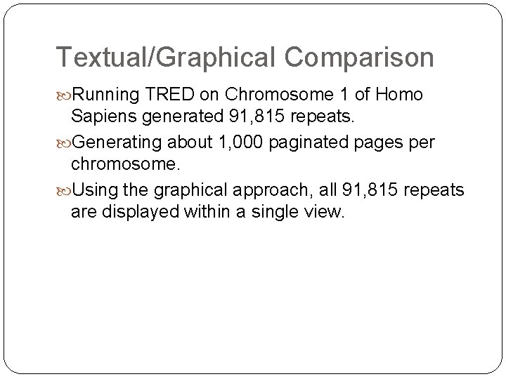 Textual/Graphical Comparison Running TRED on Chromosome 1 of Homo Sapiens generated 91, 815 repeats.