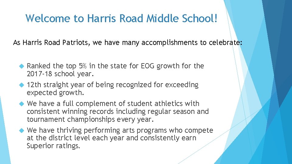 Welcome to Harris Road Middle School! As Harris Road Patriots, we have many accomplishments