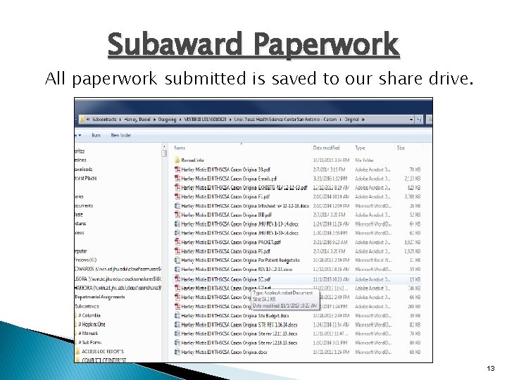 Subaward Paperwork All paperwork submitted is saved to our share drive. 13 