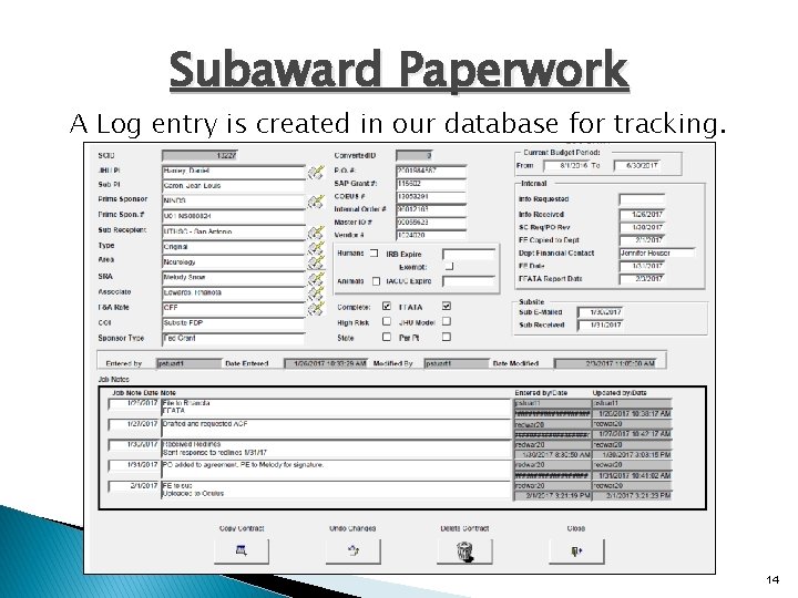 Subaward Paperwork A Log entry is created in our database for tracking. 14 